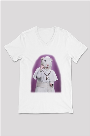 Hamster Beyaz Unisex V Yaka Tişört T-Shirt
