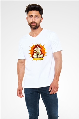 Hamster Beyaz Unisex V Yaka Tişört T-Shirt