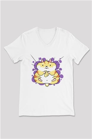 Hamster Beyaz Unisex V Yaka Tişört T-Shirt