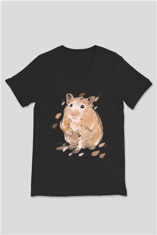 Hamster Siyah Unisex V Yaka Tişört