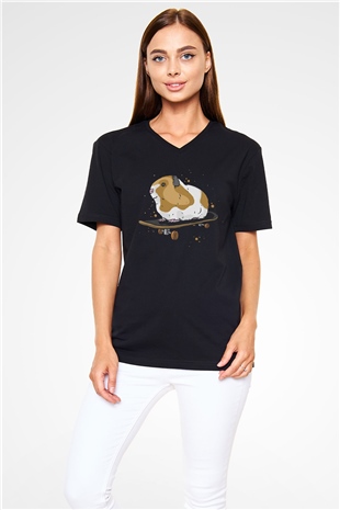 Hamster Siyah Unisex V Yaka Tişört