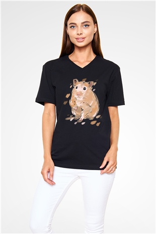 Hamster Siyah Unisex V Yaka Tişört