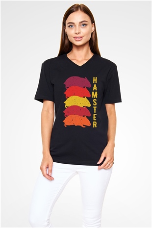 Hamster Siyah Unisex V Yaka Tişört