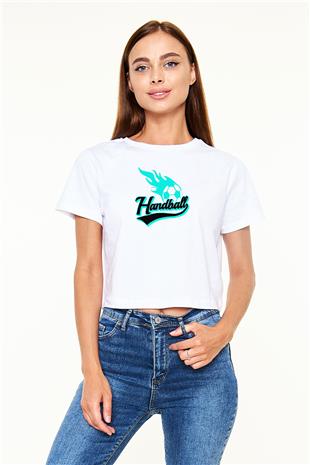 Handball Baskılı Crop Top Beyaz Tişört - T-shirt