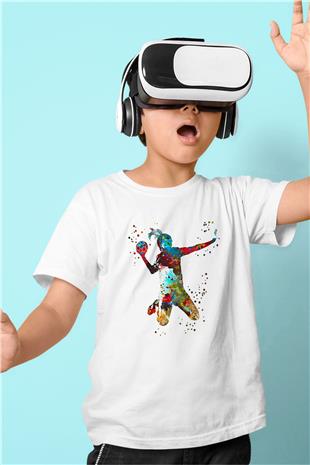 Handball Baskılı Unisex Beyaz Çocuk Tişört - Tshirt