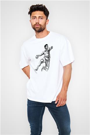 Handball Baskılı Unisex Beyaz Oversize Tişört - Tshirt