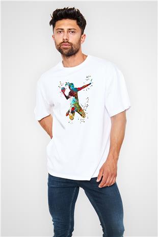 Handball Baskılı Unisex Beyaz Oversize Tişört - Tshirt