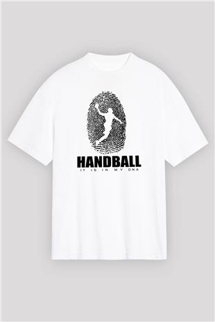 Handball Baskılı Unisex Beyaz Oversize Tişört - Tshirt