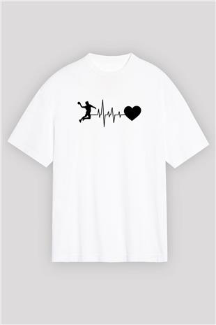 Handball Baskılı Unisex Beyaz Oversize Tişört - Tshirt