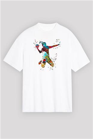 Handball Baskılı Unisex Beyaz Oversize Tişört - Tshirt