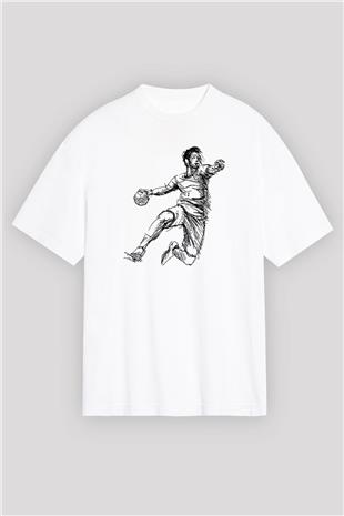 Handball Baskılı Unisex Beyaz Oversize Tişört - Tshirt