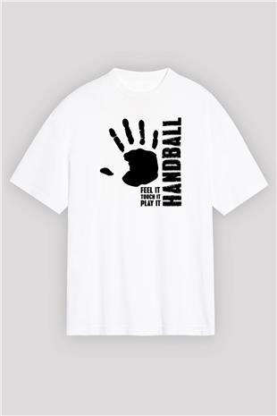 Handball Baskılı Unisex Beyaz Oversize Tişört - Tshirt