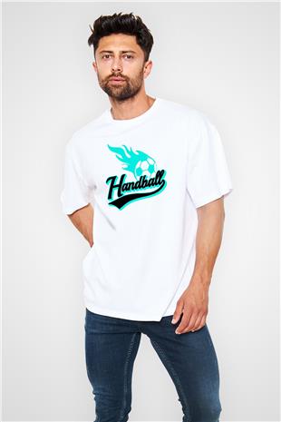 Handball Baskılı Unisex Beyaz Oversize Tişört - Tshirt