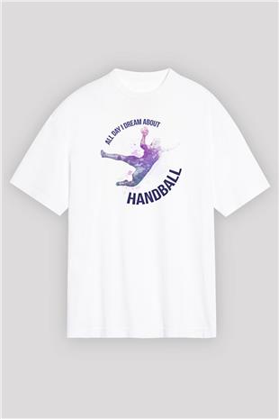 Handball Baskılı Unisex Beyaz Oversize Tişört - Tshirt