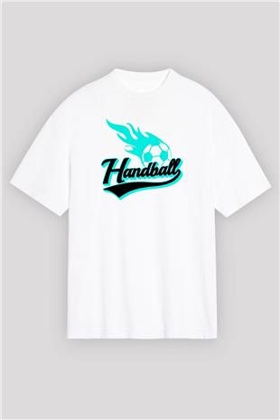 Handball Baskılı Unisex Beyaz Oversize Tişört - Tshirt