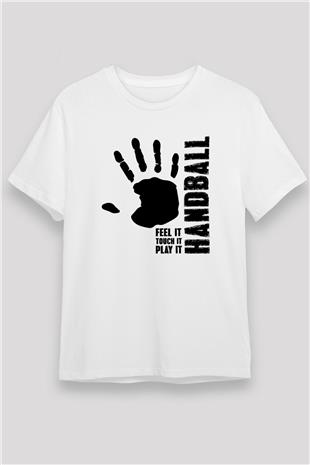 Handball Baskılı Unisex Beyaz Tişört - Tshirt