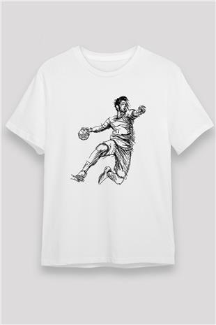 Handball Baskılı Unisex Beyaz Tişört - Tshirt