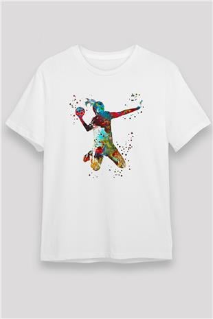 Handball Baskılı Unisex Beyaz Tişört - Tshirt
