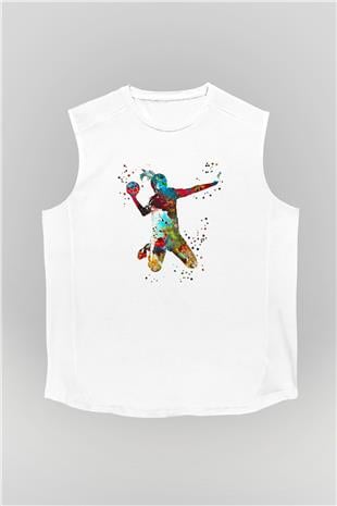 Handball Baskılı Unisex Kolsuz Beyaz Tişört