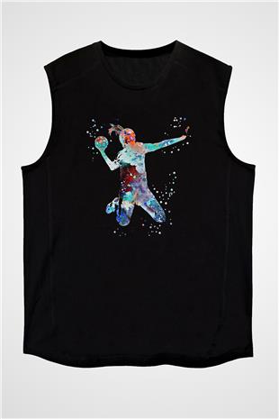 Handball Baskılı Unisex Siyah Kolsuz Tişört