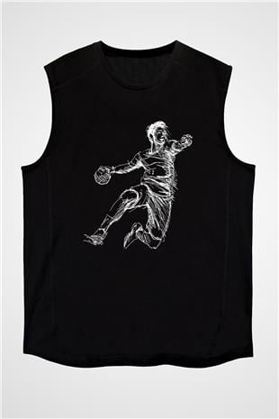 Handball Baskılı Unisex Siyah Kolsuz Tişört