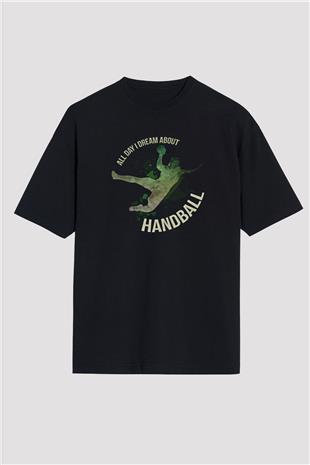 Handball Baskılı Unisex Siyah Oversize Tişört