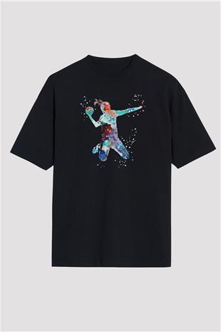 Handball Baskılı Unisex Siyah Oversize Tişört