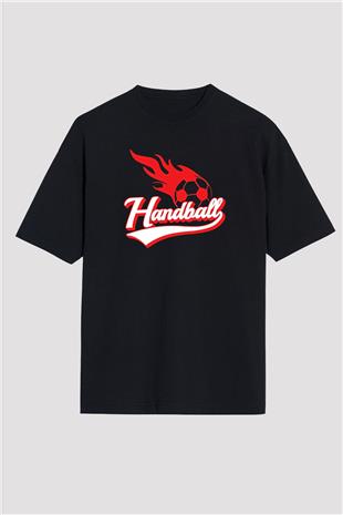 Handball Baskılı Unisex Siyah Oversize Tişört