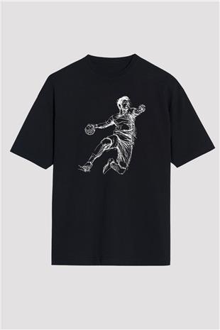 Handball Baskılı Unisex Siyah Oversize Tişört