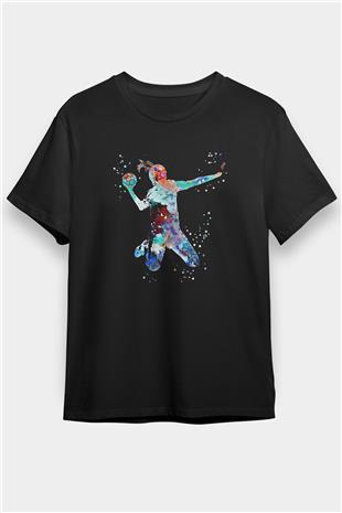 Handball Baskılı Unisex Siyah Tişört - Tshirt