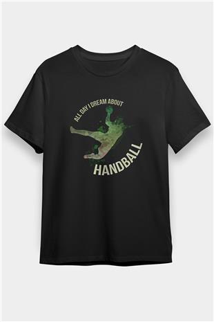 Handball Baskılı Unisex Siyah Tişört - Tshirt