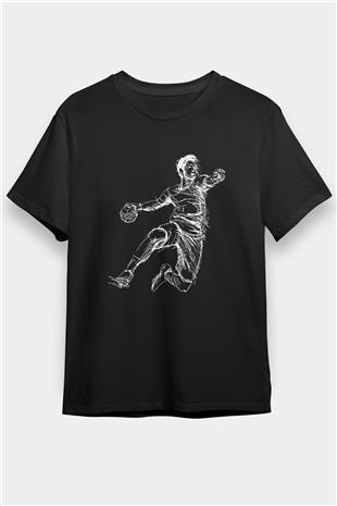 Handball Baskılı Unisex Siyah Tişört - Tshirt