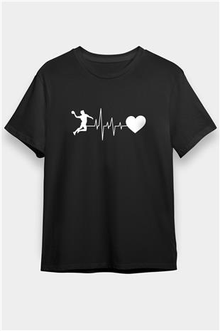 Handball Baskılı Unisex Siyah Tişört - Tshirt