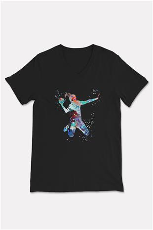 Handball Baskılı Unisex Siyah V Yaka Tişört