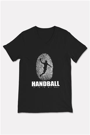 Handball Baskılı Unisex Siyah V Yaka Tişört