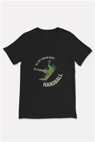 Handball Baskılı Unisex Siyah V Yaka Tişört