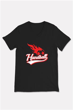 Handball Baskılı Unisex Siyah V Yaka Tişört