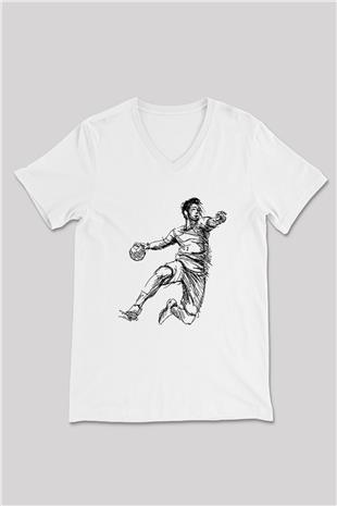 Handball Baskılı Unisex V Yaka Tişört - Tshirt