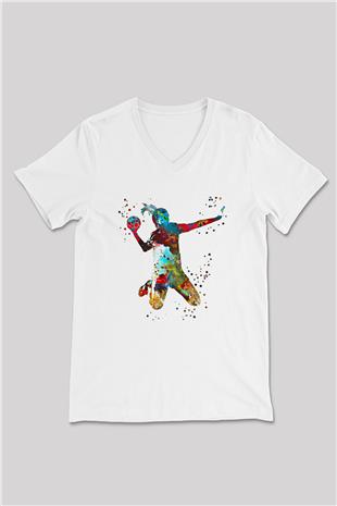 Handball Baskılı Unisex V Yaka Tişört - Tshirt