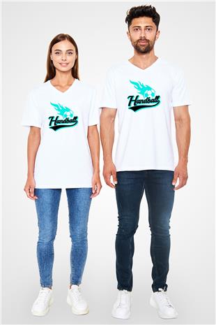 Handball Baskılı Unisex V Yaka Tişört - Tshirt
