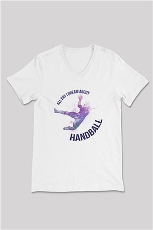 Handball Baskılı Unisex V Yaka Tişört - Tshirt