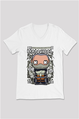 Hannibal Baskılı Unisex Beyaz V Yaka Tişört