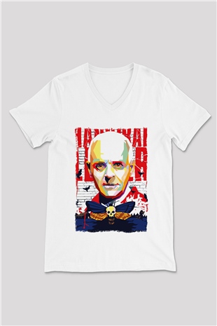Hannibal Beyaz Unisex V Yaka Tişört