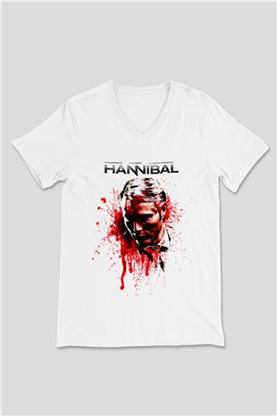 Hannibal Beyaz Unisex V Yaka Tişört T-Shirt