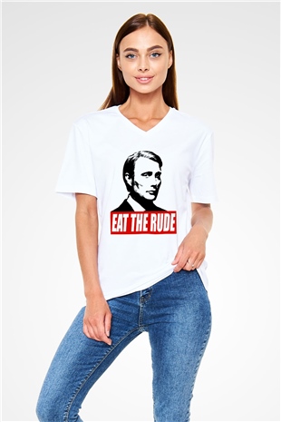 Hannibal Beyaz Unisex V Yaka Tişört T-Shirt