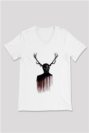 Hannibal Beyaz Unisex V Yaka Tişört T-Shirt