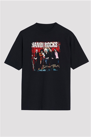 Hanoi Rocks Baskılı Unisex Siyah Oversize Tişört
