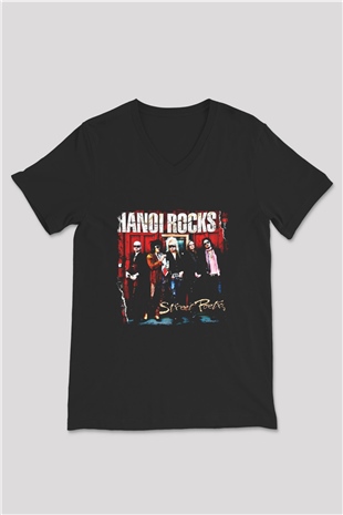 Hanoi Rocks Baskılı Unisex Siyah V Yaka Tişört