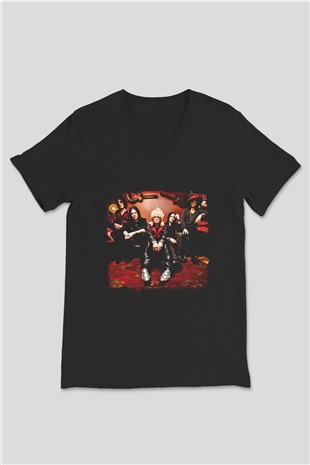Hanoi Rocks Baskılı Unisex Siyah V Yaka Tişört