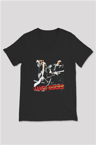 Hanoi Rocks Baskılı Unisex Siyah V Yaka Tişört